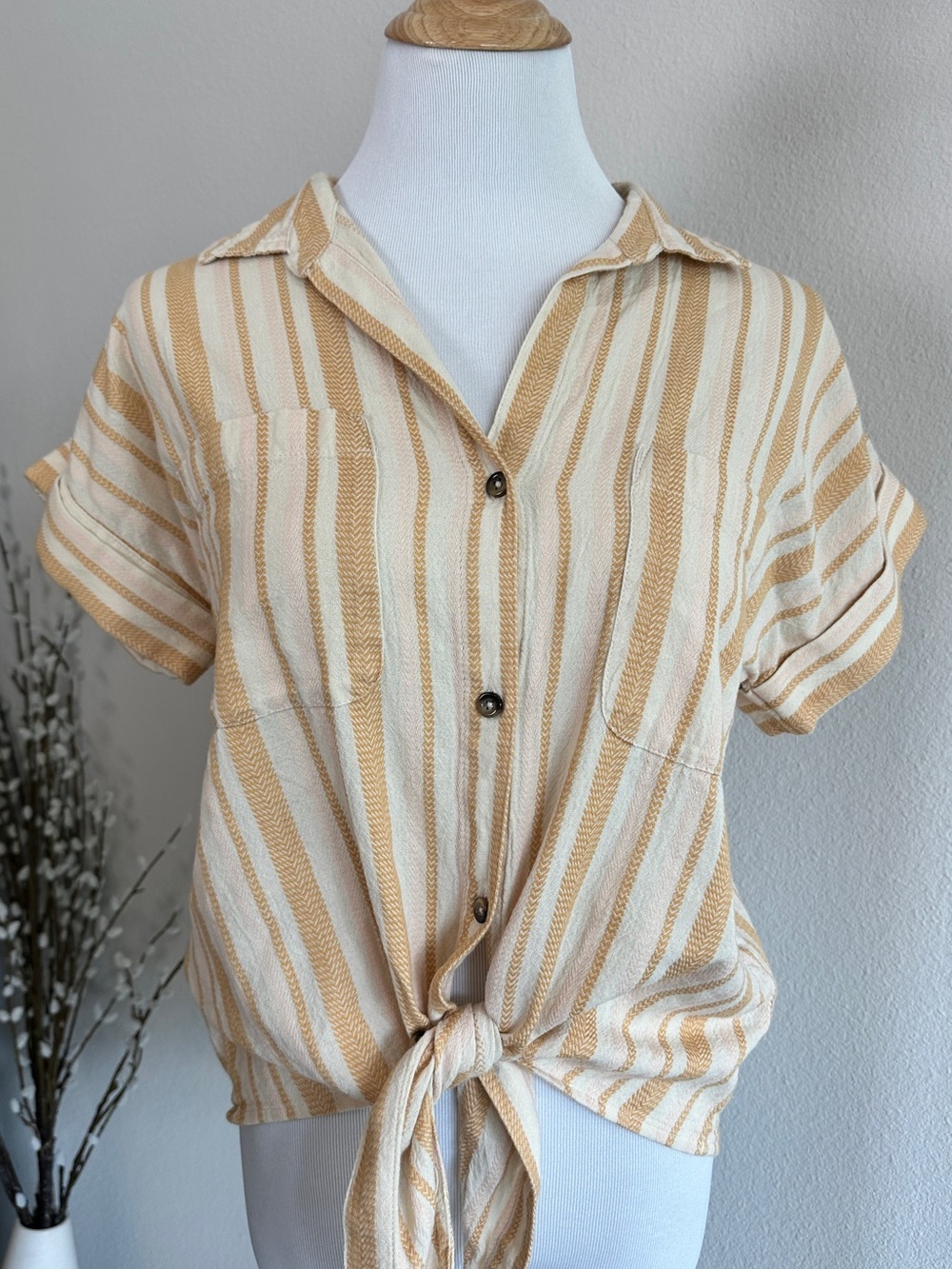 Rip Curl Cream & Tan Striped Tie-Front Button Down